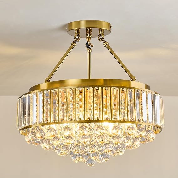 6-Lights Modern Crystal Chandelier Gold Metal Semi Flush Mount Ceiling Light Fitting Round Ceiling Light for Dining Room Living Room Bedroom Bathroom Kitchen [Energy Class A]