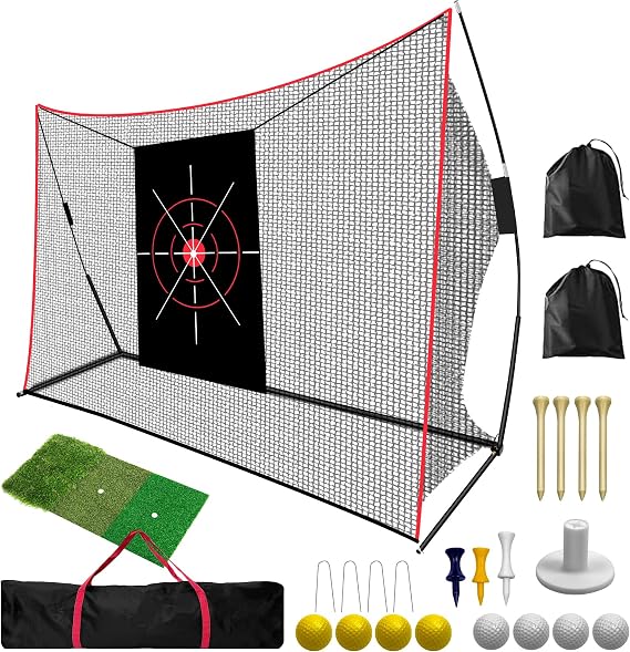 10 x 7 FT Golf Practice Net, Golf Driving Net for Backyard | Heavy Duty Hitting Training Net with Target Cloth, Carry Bag, 8 Balls & Tees for Backyard, Garden, Indoor Outdoor Use