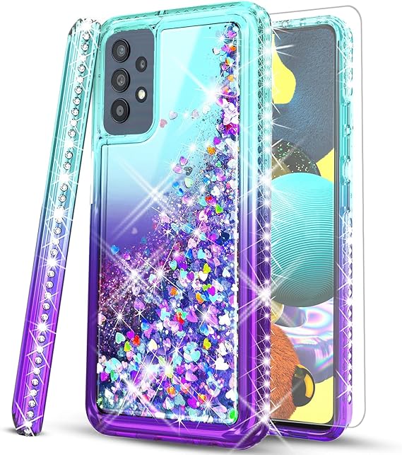 STARSHOP Compatible with Samsung Galaxy A52 5G Phone Case, with [Tempered Glass Screen Protector Included] Liquid Bling Sparkle Floating Glitter Quicksand Girls Women Cute -Teal/Purple