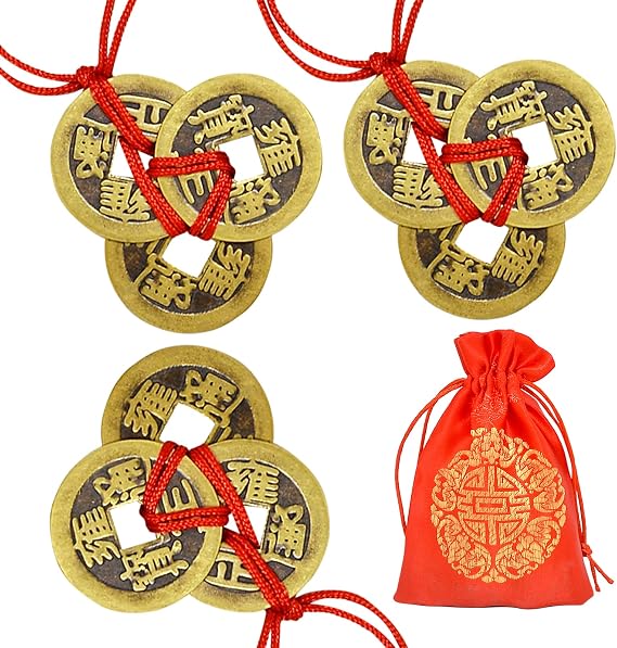 fengshuisale 3 PCS Ancient Chinese Fortune Brass Coins Fengshui I-Ching Coins with Red String Traditional Pendant Decoration for Wealth and Success +Red Blessing Bag