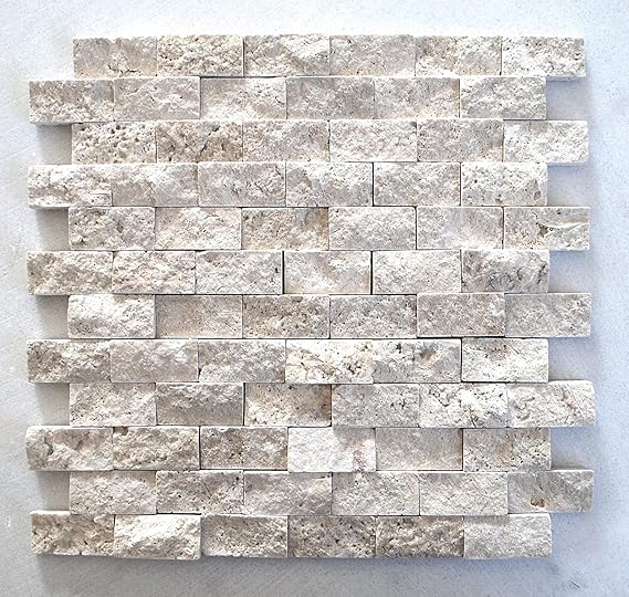 Light Travertine 1x2 Splitface Finish Mosaic Wall Backsplash Tile, Natural Stone, Ivory Color, 12"x12" Sheet, 1 sqf Coverage