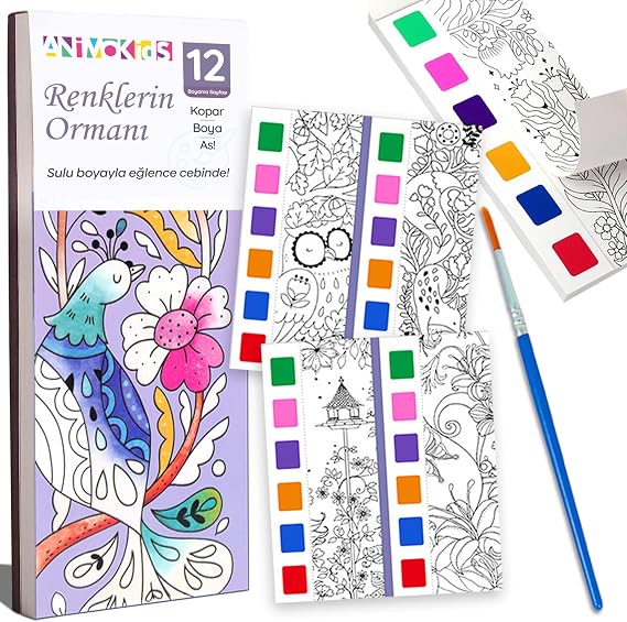 Animokids Renk Paletli Sulu Boya Kitabı + Fırça, 12 Sayfa Boyama Kitabı, Aktivite Boyama Seti, Çocuklar için Yeni Nesil Sulu Boya Defteri (Renklerin Ormanı)