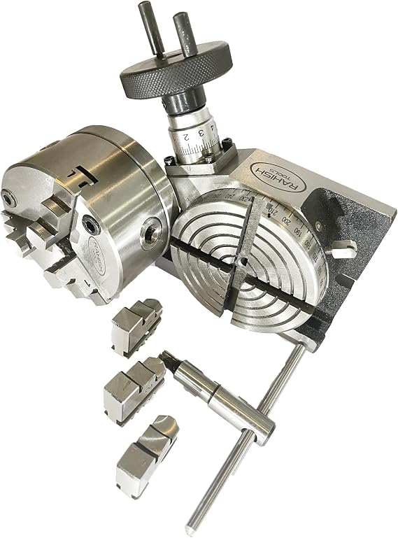 Rotary Table, Horizontal & Vertical, 100mm 3 Jaw Chuck, M14 Back Plate, 4" | 100mm 4 T-Slot Rotary Table, 36:1 Worm Gear Ratio, 360 Scale, 70mm Recess, Front Mount Self Centering Lathe Chuck, T-Nuts
