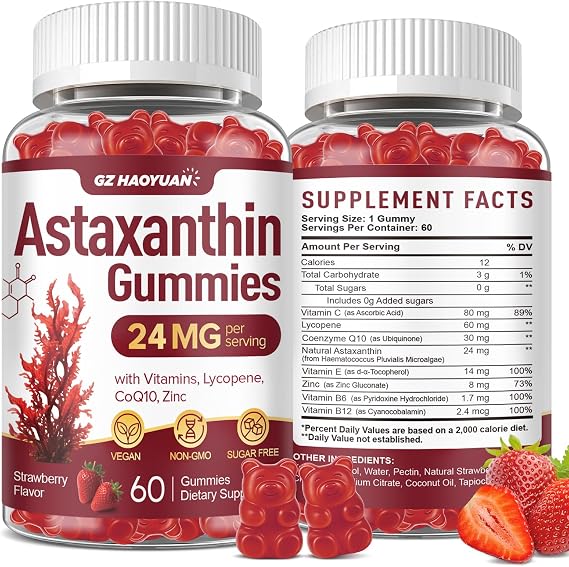 Astaxanthin Gummies 24mg, Astaxanthin Supplement with Lycopene, Vitamins & CoQ10 for Antioxidant, Eye, Skin & Immune Support, Sugar Free, Vegan, Strawberry Flavor, 60 Count