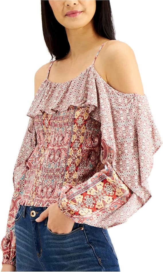 I-N-C Womens Mixed Print Cold Shoulder Blouse, Multicoloured, Large