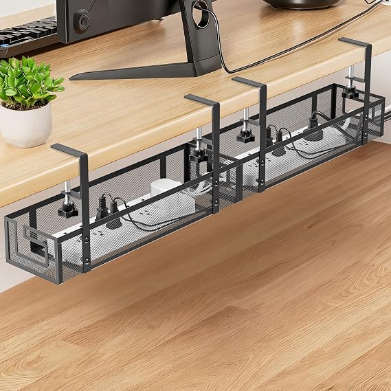 Cable Management, 15.75" Under Desk Cable Management Tray No Drill | Heavy Duty Metal Cord Organizer, Under Desk Wire Management for Gaming/Standing Desk, Clamp for Home Office, 2 Pack, Black