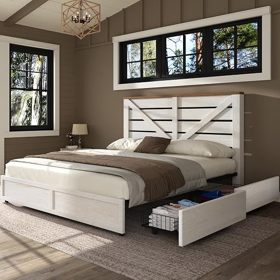 AMERLIFE Full Size Farmhouse Bed Frame with 4 Drawers & Barn Door Headboard | Wooden Storage Bed Frame, Wood Grain Finish, Heavy Duty Metal Slats, Noise Free, No Box Spring, Easy Assembly, White/Barnwood