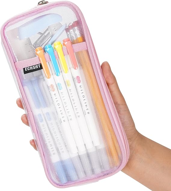 ECHSRT Mesh Pencil Case Clear Pencil Pouch Water Resistant Pink