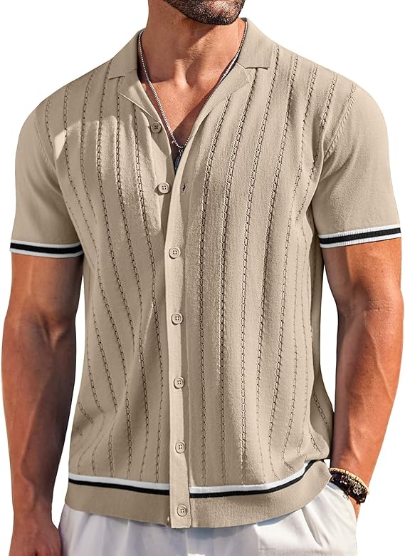 COOFANDY Men's Short Sleeve Knit Shirt Casual Button Down Shirt Vintage Striped Knitted Golf Beach Tops