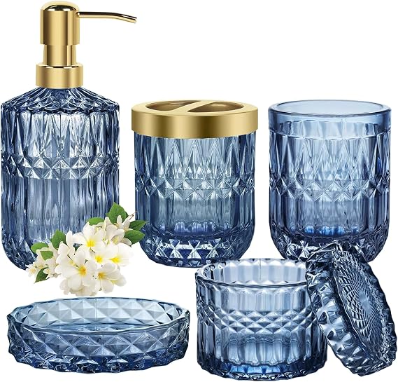 Blaues Seifenspender-Set fürs Badezimmer 5-teiliges Badezimmer-Accessoire-Set Seifenspender für Waschbecken Goldener Zahnbürstenhalter Seifenschale Becher Wattestäbchenhalter