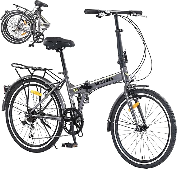 Folding City Commuter Bike for Adults, 24 Inch Bike 7 Speed Transmission System & Double V-Brakes Steel Light Weight Frame, Rear Carry Rack, for Men and WomenTeen, Quick Assembly in 20 Minutes