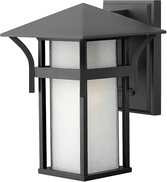 Hinkley Harbor Transitional One Light Small Outdoor Wall Mount, Satin Black | Line Voltage, Aluminum, Etched Amber Seedy Bound Glass, Needs Med. LED Bulb, Craftsman
