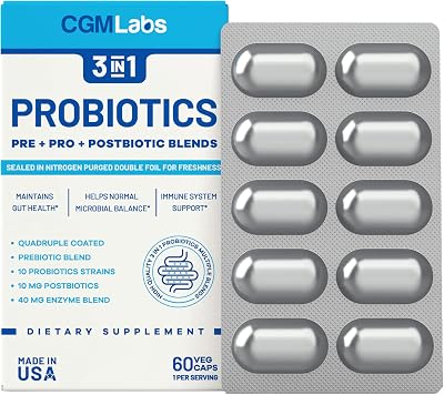 Probiotics 3 in 1 - Prebiotics  Probiotics  Postbiotics All in one! Nitrogen Purged, Individually Packed in Double-foil Blister for Freshness - 60 Veg caps by CGM Labs