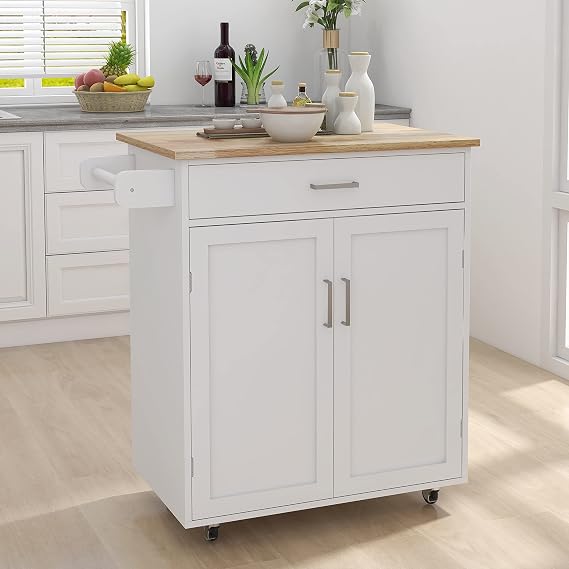 Small Kitchen Island Cart with Storage and Rubber Wood Table, Rolling Kitchen Island On Wheel, Rolling Trolley Cart with Towel Rack for Kitchen (White)