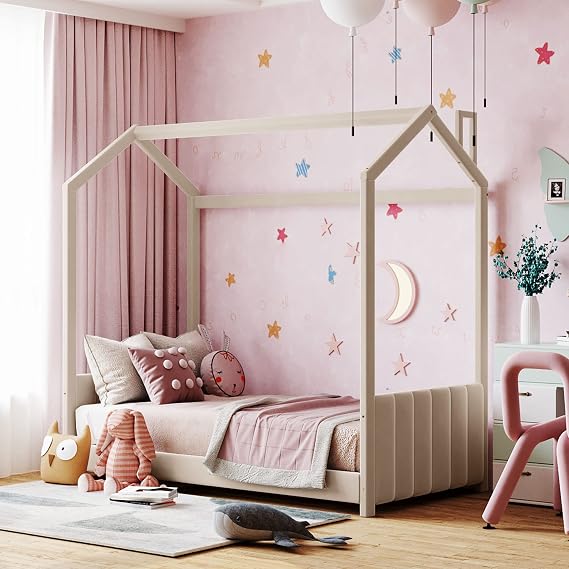 DEINPPA Twin Size Princess House Bed with Velvet Fabric Upholstered Tufted Headboard and Footboard, Kids House Bed Frame with Roof Design, for Kids Boys Girls-Beige