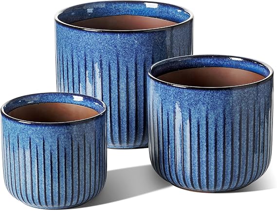 LE TAUCI Ceramic Plant Pots, 8.3/7/6 Inch Indoor Planters with Drainage Holes & Mesh, Modern Glossy Glaze Cylinder Fluted Flower Pot for Snake Plant, Set of 3, Harbor Blue