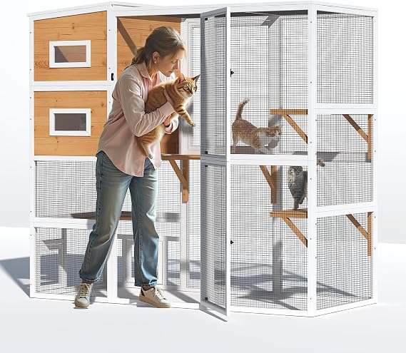 TIMHAKA Catio Outdoor Cat Enclosure, Large 4 Tiers Cat Catio Connect to Window for Outdoor Indoor Cats with Weatherproof Roof, Resting Rooms, Platforms, Large Door, 76" L x 32.9" W x 70.8" H, White