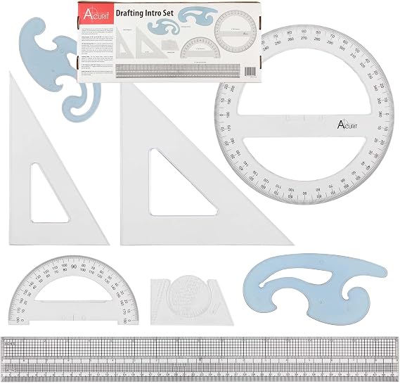 Acurit Drafting Beginner Set - Drafting Tools & Supplies - 7-Piece Drafting Kit for Artists, Architects- Includes Metric Triangles, 8" Protractor, French Curves, Ruler, Pencils & More