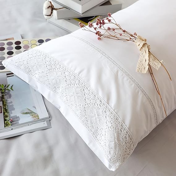 White Lace Pillow Cases Queen Size Set of 2, 100% Cotton Pillowcases, 20x30 | Percale Fabric, Envelope Closure, 2 Pack, Farmhouse, Shabby Chic, Eyelet, Decorative, Crisp, Soft and Breathable