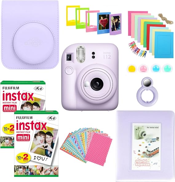 Instant Camera Bundle with Fujifilm Mini 12 Lilac Purple Camera, Fujifilm 40 Shot Mini Film, Clikoze Mini 12 Case, Mini Album Book, Film Stickers, Colour Filters and Accessories
