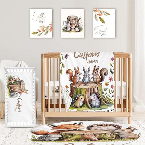 Personalized Baby Crib Bedding Set: Nursery 4 Piece Crib Set with Custom Baby Name - Squirrel Stump Pattern Bedding Set for Baby Boys Girls - Soft Chic Blanket and Fitted Crib Sheet for Newborns