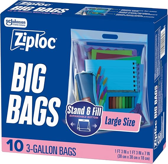 Ziploc Big Bags 3 Gallon Large, Reusable Large-Capacity Plastic Storage Bags, 10 count
