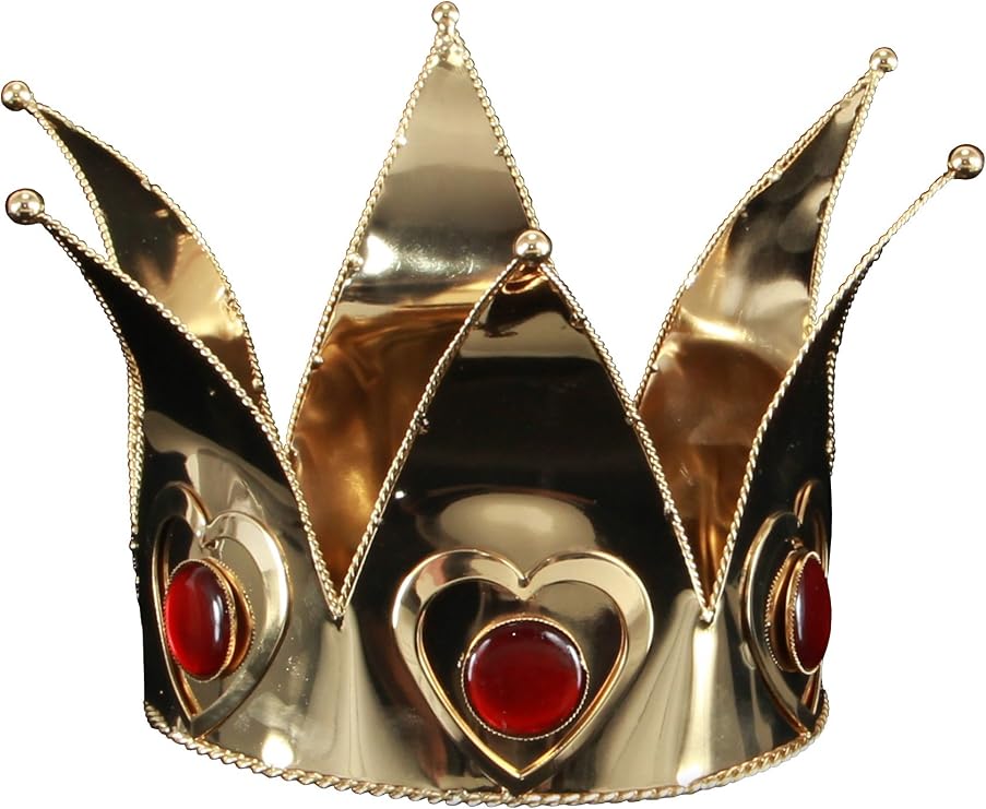 Mini Queen of Hearts Costume Crown for Adults - Gold Metal with Red Jewel Accents, Embossed Trim, Adjustable Fit