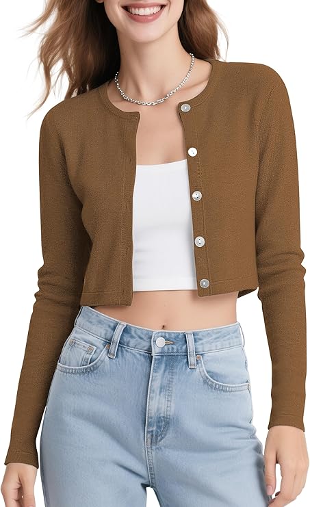 Urban CoCo Women's Long Sleeve Button Up Cropped Cardigan Sweaters for Women Crew Neck Short Bolero Shrug for Dresses