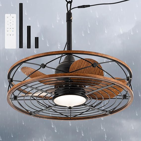 TIFEROR Outdoor Ceiling Fan with Light and Remote Control, 24 "Wet Rated Ceiling Fan with Remote and Light Kit for Gazebo, Porch and Patio