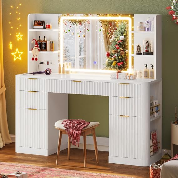 HAUOMS 51.2" Fluted Makeup Vanity Desk with Large Mirror and Lights, White