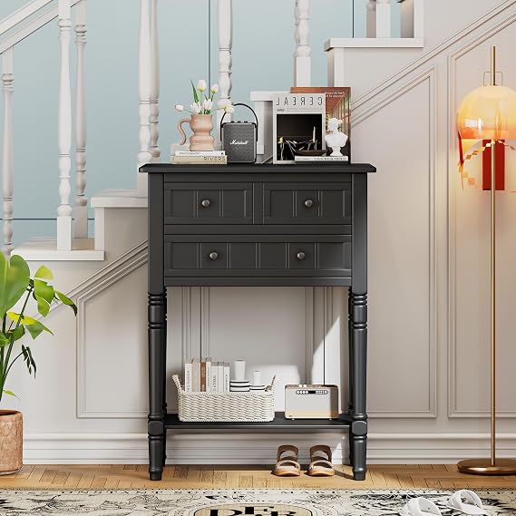 Black Narrow Console Table with 3 Drawers & Shelf - Solid Wood Entryway Table for Small Spaces (23.7" L x 13" W x 31.1" H)