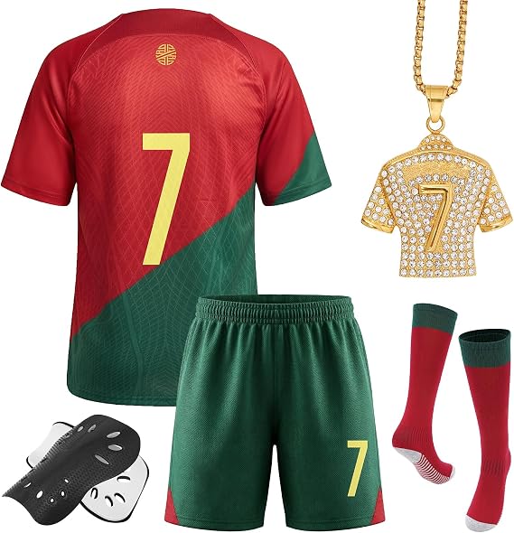 Boys Soccer Jerseys, 2022 Kids' Soccer Jersey #7,Training Uniform for Kids Football Youth Jerseys Gift Kit Set 4 Piece