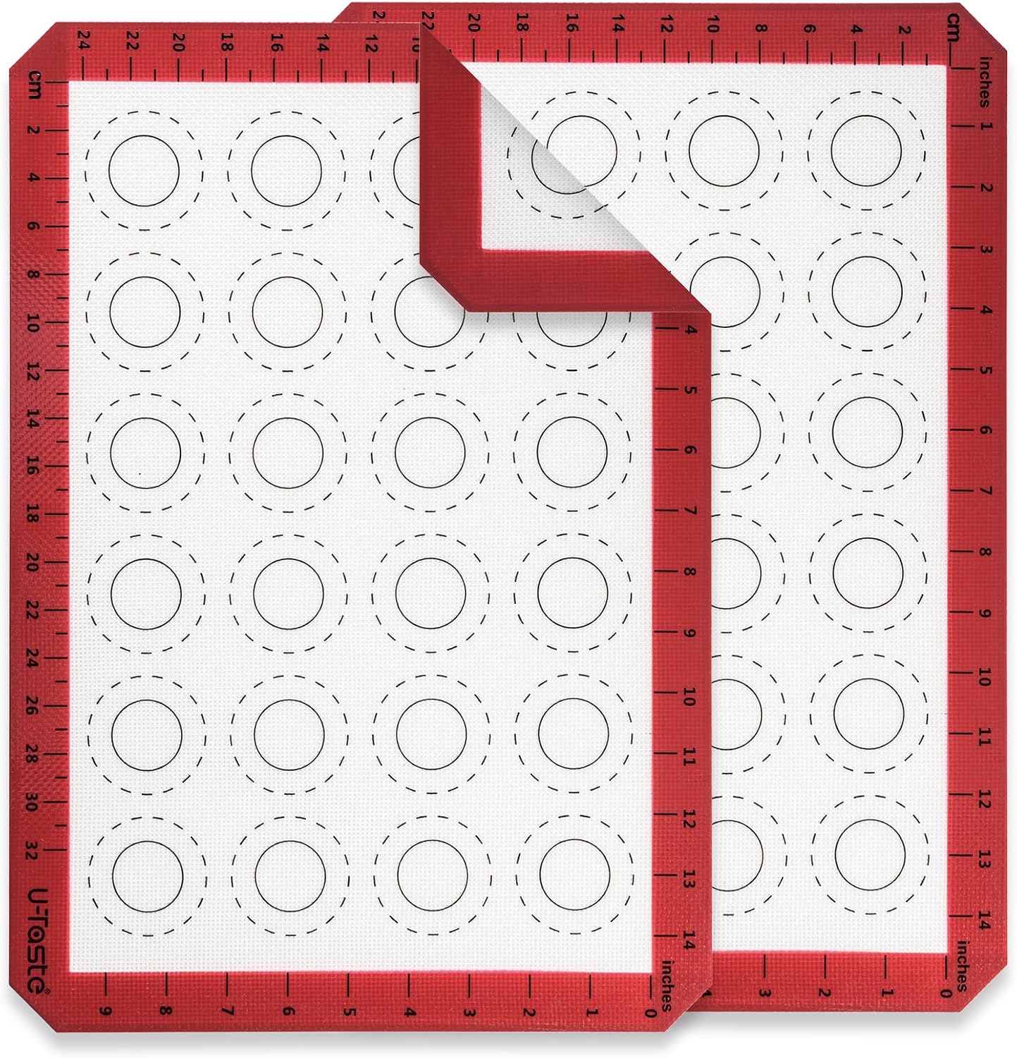 U-Taste 446ºF Heat Resistant Macaron Silicone Baking Mat, Non Stick Reusable Cookies Pastry Sheet Liner with Edge Enhancement Circle Measurement for Oven Half Sheets Size, Pack of 2, Red