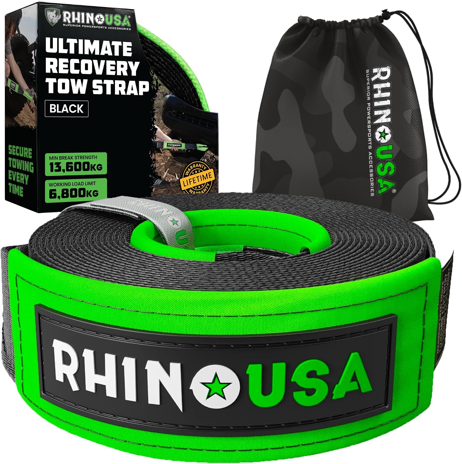 Rhino USA Recovery Tow Strap 7.6 cm x 6.1 m - 13,600 kg Break Strength - Emergency Recovery Strap Tow Rope for Truck, UTV, ATV & More - Heavy Duty Towing Strap for Offroad 4X4 Use - Black