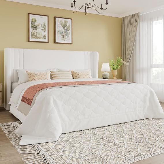 SHA CERLIN King Velvet Upholstered Bed Frame, Wingback Headboard, White