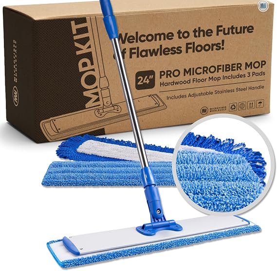 Microfiber Wholesale 24" Professional Microfiber Flat Mop Wet, Dry & Dust for Hardwood, Vinyl Plank, Laminate & Tile Commercial Flat Mop System, 64" Stainless Handle, 3 Reusable Pads