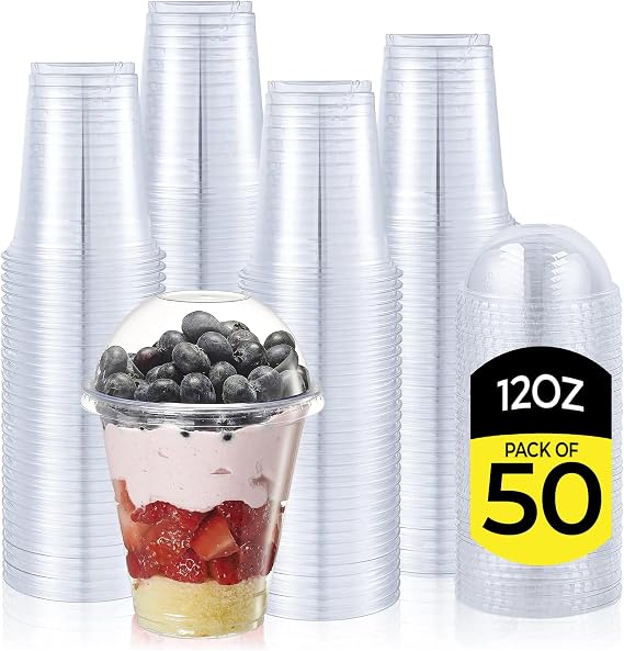 Zuvo Plastic Smoothie Cups with Dome Lids, Clear, 12oz, Pack of 50