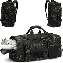 Tactical Duffle Bag Backpack for Men 40-45L Expandable Camo Travel Duffel & Sports Holdall Gym Bag with Shoe Compartment Wet Pocket Medium Weekender Overnight for Military Camping Luggage