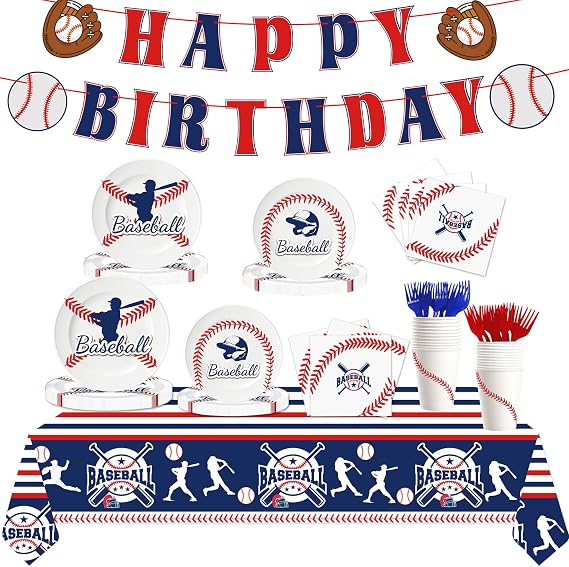 Baseball Birthday Party Supplies Kit for 24 Guests Includes Tablecloth Plates Napkins Forks Cups Banner Baseball Themed Dinnerware for Sports Party Decorations(Baseball)