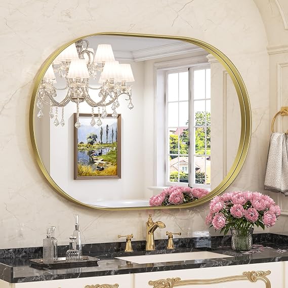 Brightify Gold Oval Mirror for Wall 30x42 Inch, Metal Framed Bathroom Vanity Mirrors, Modern Pill Shaped Mirror for Bedroom Living Room Wall Decorative Hang Vertical and Horizontal