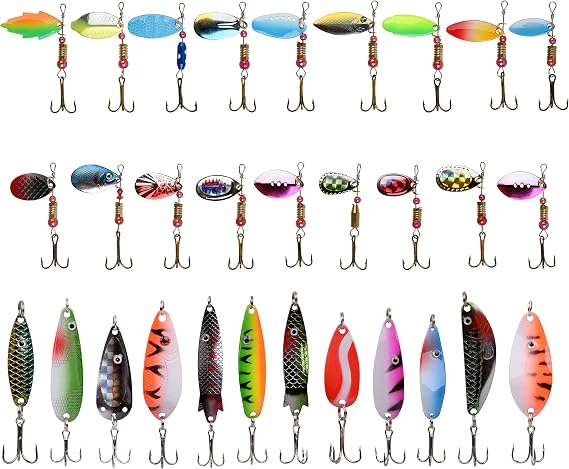 Metal Spinner Baits Bass Fishing Tackle 30pcs Rooster Bait Fishing Lures Kit Trout Metal Spoons Assorted for Freshwater Saltwater Crappie Bass Walleye Salmon
