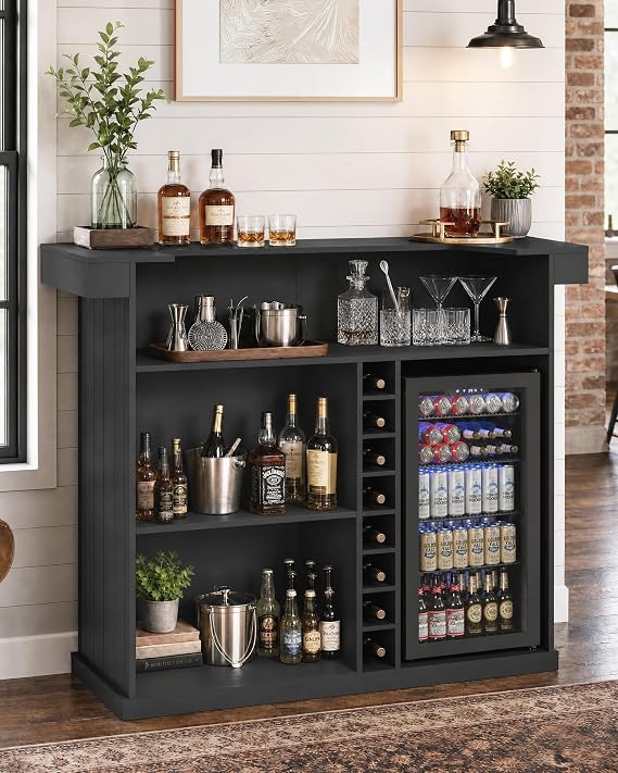 63" U-Shaped Home Bar Cabinet with Beverage Refrigerator, Black