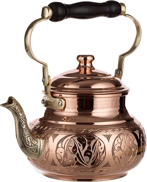 DEMMEX Handmade Engraved 1mm Thick Solid Uncoated Copper Tea Pot Kettle Stovetop Teapot, 1.6-Quart