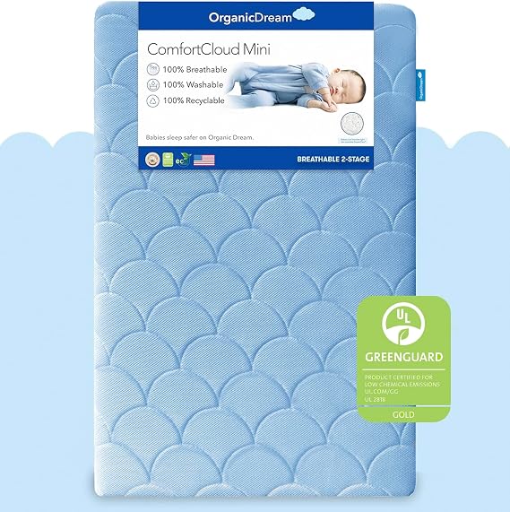 ORGANICDREAM ComfortCloud Mini Crib Mattress in Sky Blue I 100% Breathable Proven to Reduce Suffocation Risk, 100% Washable, Dual-Sided, GreenGuard Gold Certified, Removable Cover - Deluxe 5" Thick