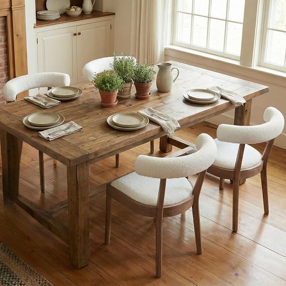 Dining Chairs Set of 4, Mid Century Modern Linen Upholstered Kitchen Chairs Side Chairs for Restaurant Hotel, Natural Walnut Wood Frame, Curved Back, White