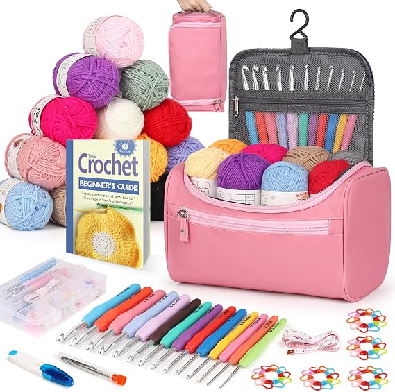 Reessy Crochet Kits for Beginners Adults, Complete Crochet Kits for Beginners Kids with 15Pcs Crochet Yarn Ergonomic Crochet Hooks Crochet Bag, Beginner Crochet Kit Crochet Starter Kit UK- Pink