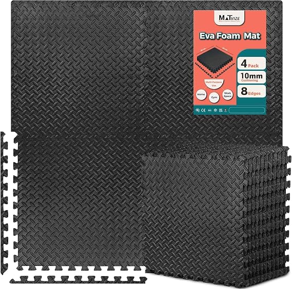 Gym Flooring Exercise Foam Mats 60x60cm – 1cm Thick, 8 Pcs Black Large EVA Interlocking Floor Tiles, Non Slip Heavy Duty Floor Mat Home Gym, Garage, Office & Kids Play Area (32 Square Feet)
