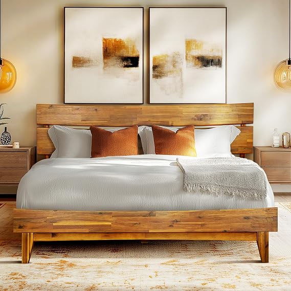 Acacia Aurora 14 Inch Wood Platform Bed, Bed Frame with Headboard, Queen Size , Caramel