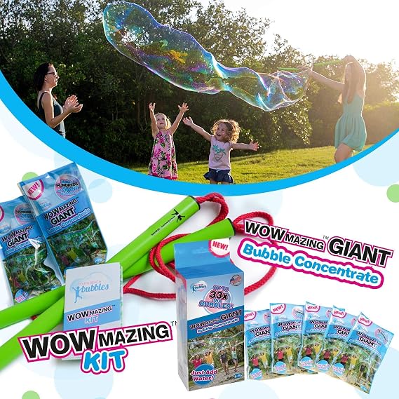 WOWMAZING Giant Bubble Wand Kit & Refills Includes 7 Concentrate Pouches & Tips Booklet | Outdoor Bubble Maker for Kids | Big Bubbles Party Favor | Bubbles Made in USA
