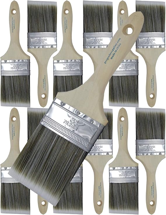 Pro Grade Paint Brushes, 3 Inch Flat Paint Brush, Walls & Trim, 12 Pack